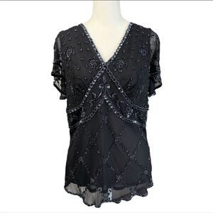Vintage 90s PAPELL BOUTIQUE Beaded Silk Evening Top Black Size XL Holiday Glam